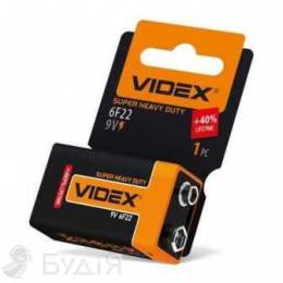 Батарейка солевая Videx 6F22/9V (Крона) 1pcs SHRINK (24шт/кор, 480шт/ящ) (ОРАНЖЕВАЯ)								